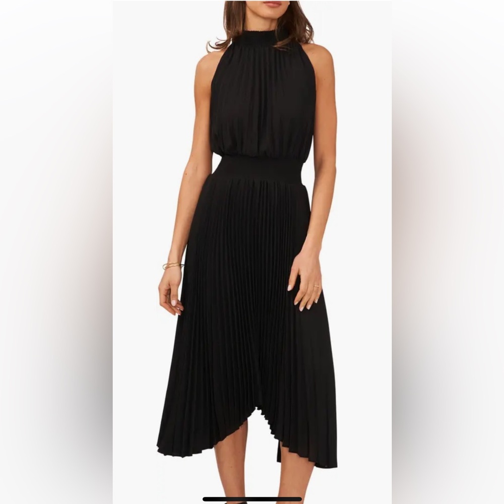 NWT Halogen Pleated Sharkbite Hem Midi Dress XS Black Accordion Cocktail Party